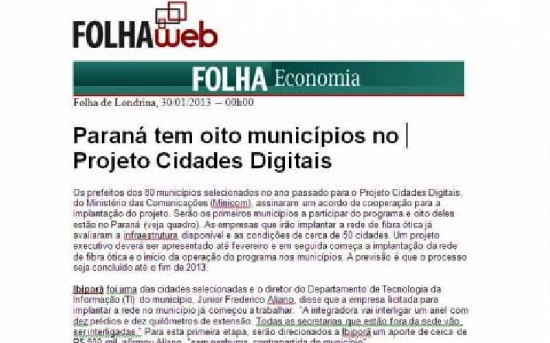 Paraná tem Ibiporã e mais sete municípios no Projeto Cidades Digitais