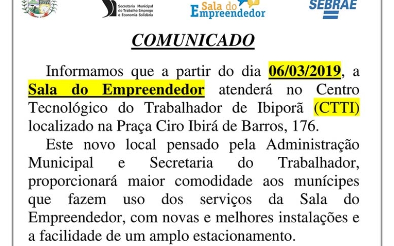 Mudança de localização da Sala do Empreendedor