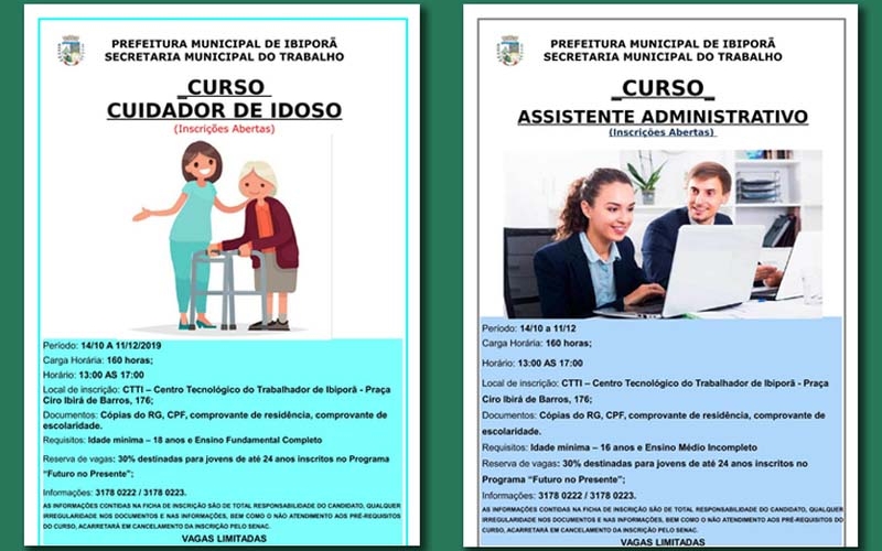 Estão abertas as inscrições para os cursos de Assistente Administrativo e de Cuidador de Idoso