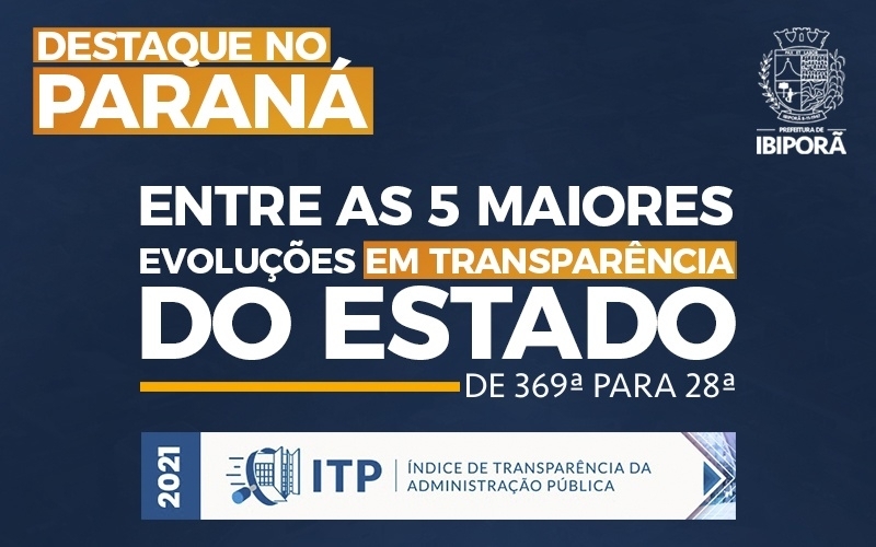 Entre as cinco maiores evoluções em transparência no Paraná, Ibiporã salta da 369ª para 28ª posição no ranking do ITP 2021 do Tribunal de Contas do Estado 